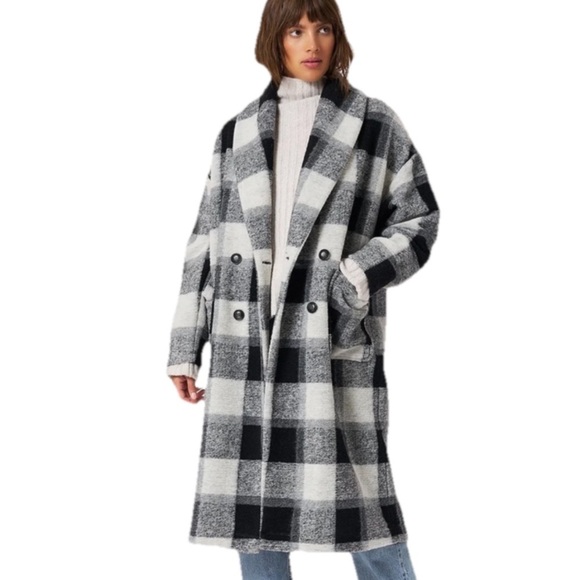 Xirena Cole Laurel Blanket Fleece Double Breasted Coat Black Ash Plaid XS - Picture 1 of 11